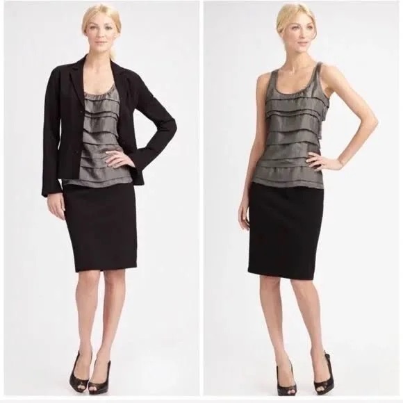 NWOT, Eileen Fisher, 100% Silk, Silver w/ Shimmer, Tiered Tank Top, Size Large - Picture 2 of 5